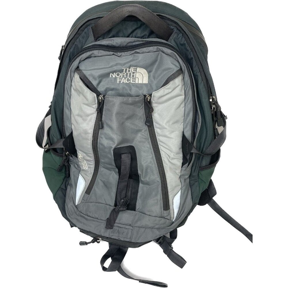 North Face Surge Backpack Gray Green Commuter 6 Zippered Compartments